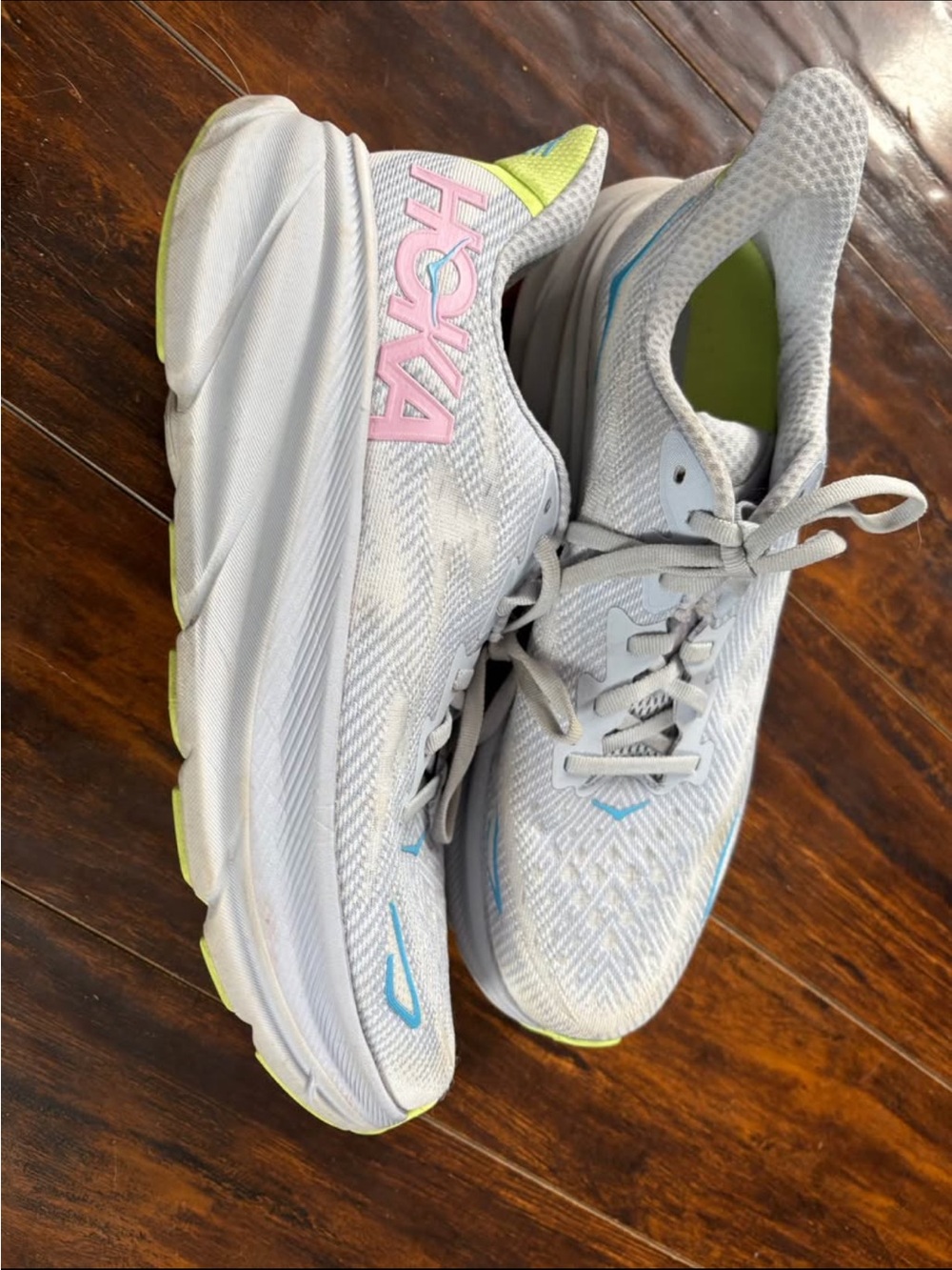 Hoka Women's clifton 9 in Light Gray with Pink & Lime Accents